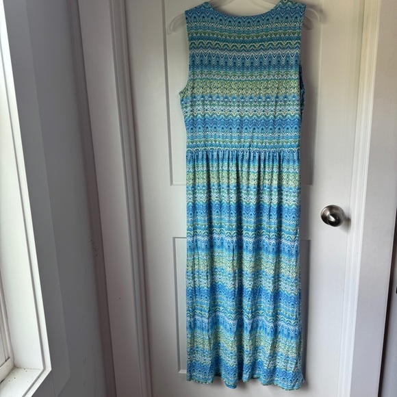 J. Jill Sleeveless Aegean Ikat Green and Blue Print Island Maxi Dress Size Med - Picture 11 of 13